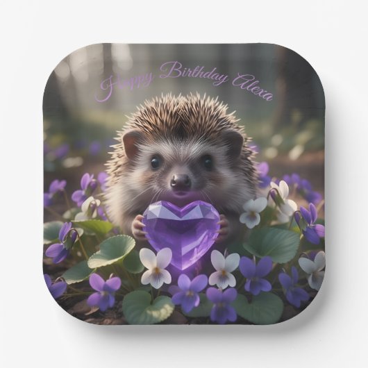 Cute February Hedgehog with Amethyst Heart ペーパープレート (正面)