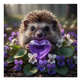 Cute February Hedgehog with Amethyst Heart ポスター