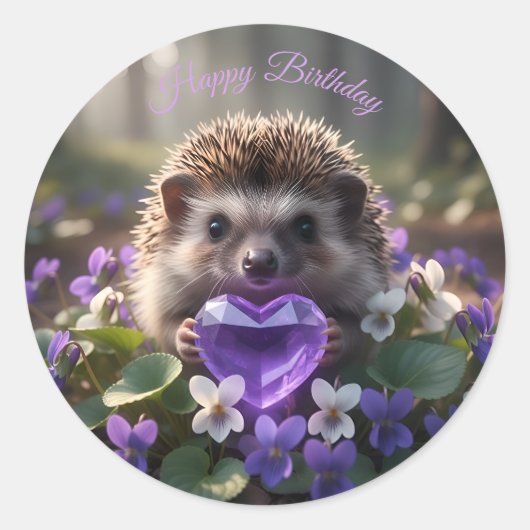 Cute February Hedgehog with Amethyst Heart ラウンドシール (正面)
