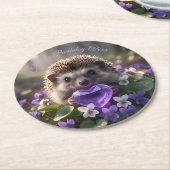Cute February Hedgehog with Amethyst Heart ラウンドペーパーコースター (アングル)