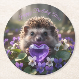 Cute February Hedgehog with Amethyst Heart ラウンドペーパーコースター