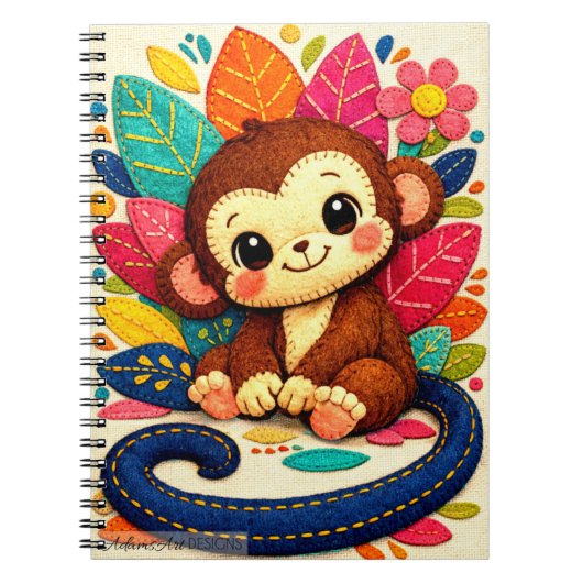 Cute Felt Monkey with Colorful Floral Leaves ノートブック (正面)