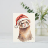 Cute Ferret in Santa Hat Watercolor シーズンポストカード (スタンド正面)