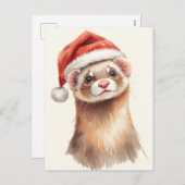 Cute Ferret in Santa Hat Watercolor シーズンポストカード (正面/裏面)