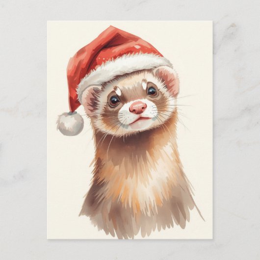 Cute Ferret in Santa Hat Watercolor シーズンポストカード (正面)
