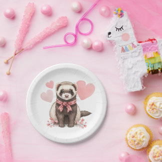 Cute Ferret Kawaii Pink Hearts Illustration ペーパープレート