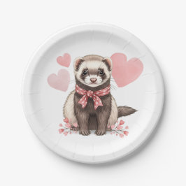 Cute Ferret Kawaii Pink Hearts Illustration ペーパープレート