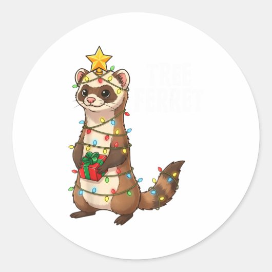 Cute Ferret Wrapped In Christmas Lights Holiday Xm ラウンドシール (正面)