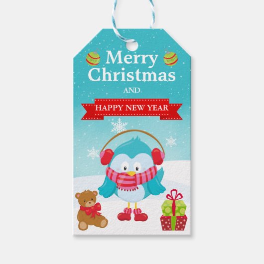 Cute Festive Blue Bird in Santa Hat Christmas ギフトタグ (正面)