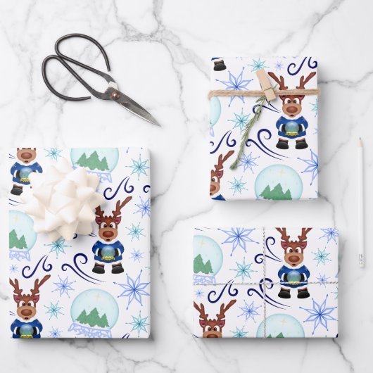 Cute Festive Blue Christmas Reindeer ラッピングペーパーシート (正面)