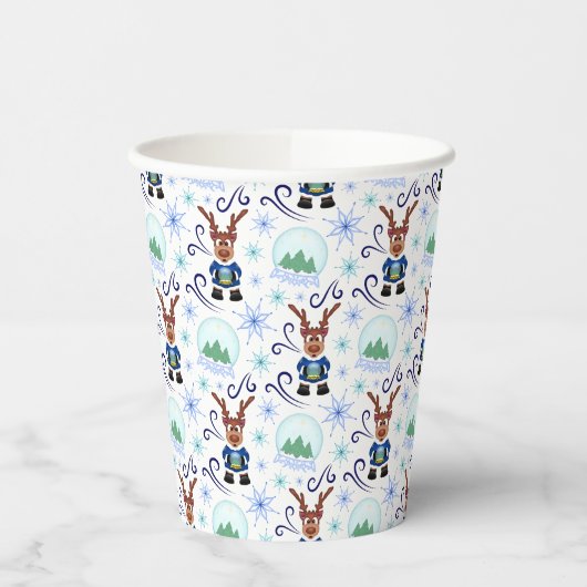 Cute Festive Blue Christmas Reindeer 紙コップ (左)