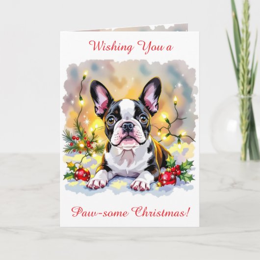 Cute Festive Boston Terrier Personalized Christmas シーズンカード (正面)