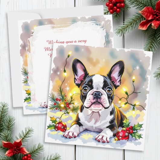 Cute Festive Boston Terrier Personalized Christmas シーズンカード