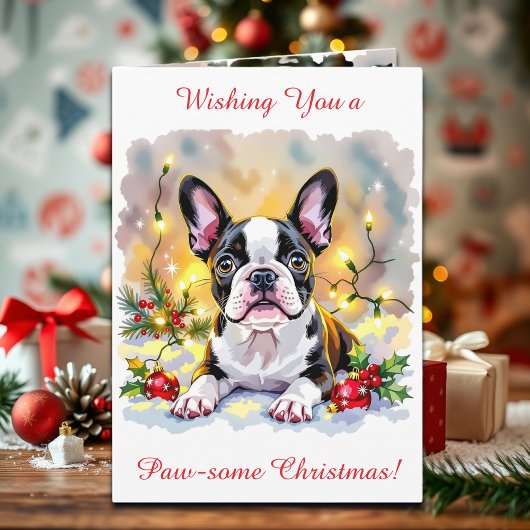 Cute Festive Boston Terrier Personalized Christmas シーズンカード