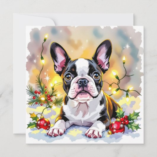 Cute Festive Boston Terrier Personalized Christmas シーズンカード (正面)