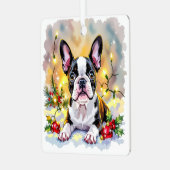 Cute Festive Boston Terrier Personalized Christmas メタルオーナメント (正面左)