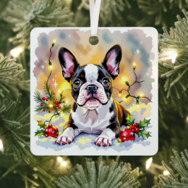 Cute Festive Boston Terrier Personalized Christmas メタルオーナメント