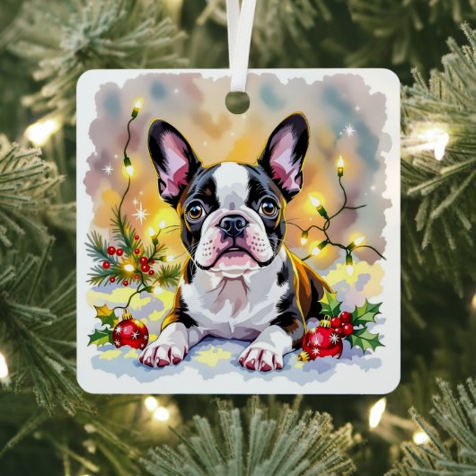 Cute Festive Boston Terrier Personalized Christmas メタルオーナメント (インサイチュ)