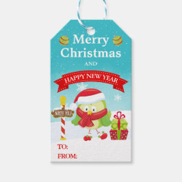 Cute Festive Green Bird in Santa Hat Christmas ギフトタグ