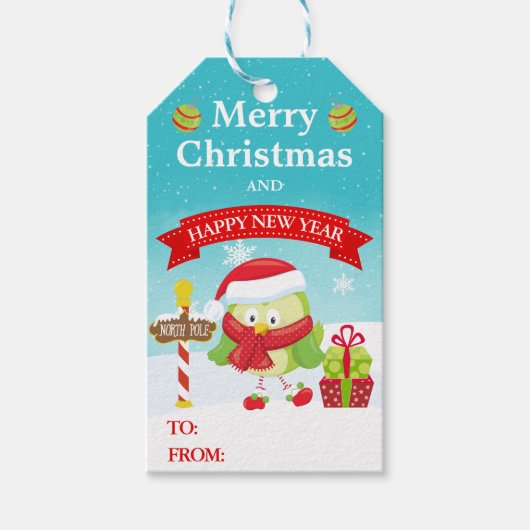 Cute Festive Green Bird in Santa Hat Christmas ギフトタグ (正面)