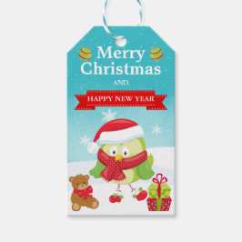 Cute Festive Green Bird in Santa Hat Christmas ギフトタグ