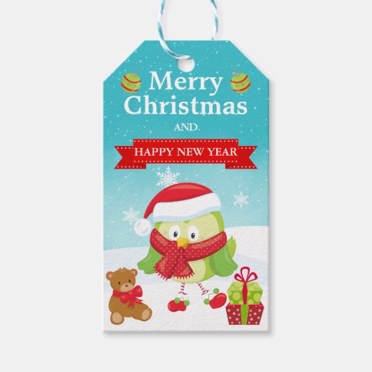 Cute Festive Green Bird in Santa Hat Christmas ギフトタグ (正面)