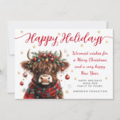 Cute Festive Highland Cow Happy Holidays Business シーズンカード (正面)