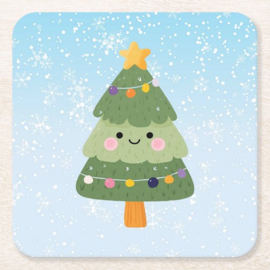 Cute Festive Holiday Christmas Tree スクエアペーパーコースター (正面)
