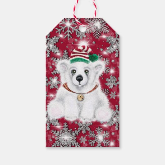 Cute festive holiday Polar bear glitter snowflakes ギフトタグ (正面)