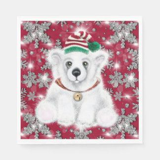Cute festive holiday Polar bear glitter snowflakes スタンダードランチョンナプキン