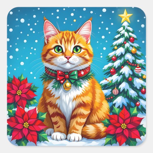 Cute Festive Orange Cat Christmas スクエアシール (正面)