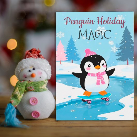 Cute Festive Penguin Skating Holiday Greeting Card シーズンカード