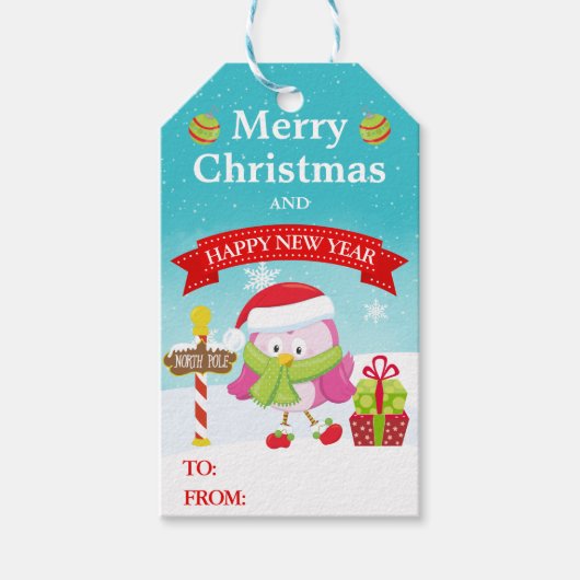Cute Festive Pink Bird in Santa Hat Christmas ギフトタグ (正面)