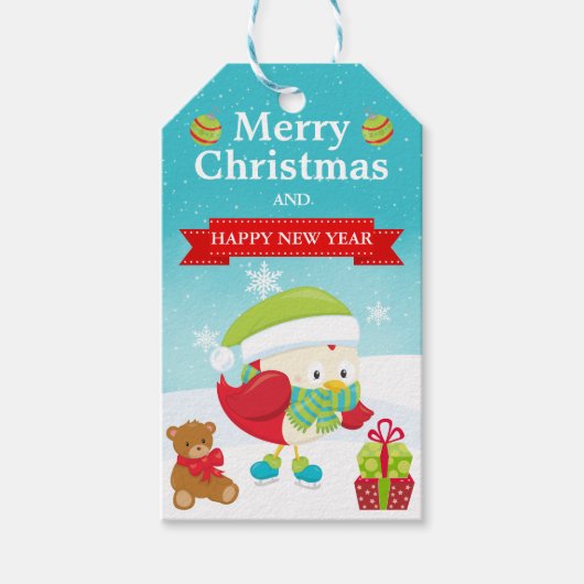Cute Festive Red Bird in Santa Hat Christmas ギフトタグ (正面)