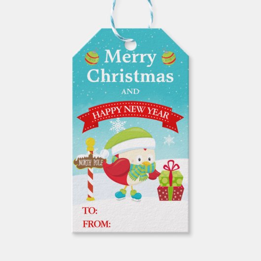 Cute Festive Red Bird in Santa Hat Christmas ギフトタグ (正面)