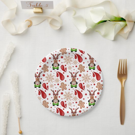Cute Festive Red Christmas Reindeer ペーパープレート (ウェディング)