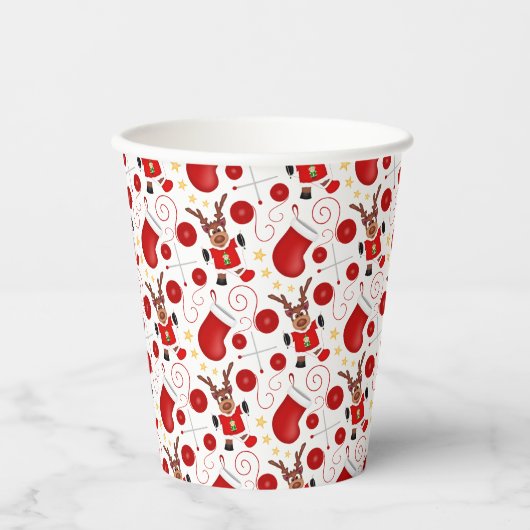 Cute Festive Red Christmas Reindeer 紙コップ (正面)