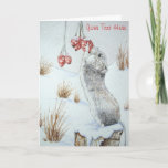 cute field mouse snow scene wildlife christmas シーズンカード<br><div class="desc">This cute little wood mouse (also know as long tailed mouse) on this customizable christmas card is having a nibble on a some snow covered juicy red berries. This winter wildlife snow scene makes a lovely scenic winter picture on this original poster and I'm sure it will make a great...</div>