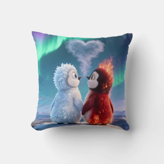 Cute Fire and Ice Penguin Northern Lights クッション