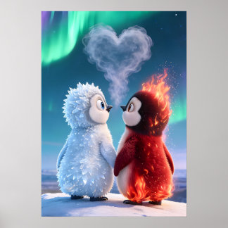 Cute Fire and Ice Penguin Northern Lights ポスター