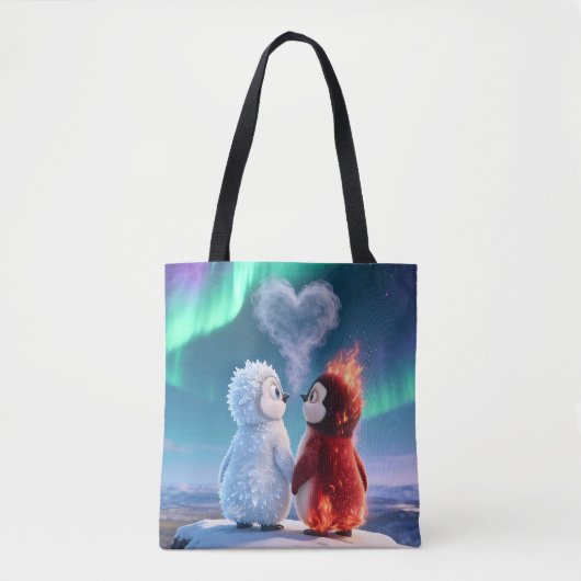 Cute Fire and Ice Penguin Northern Lights Tote Bag トートバッグ (正面)