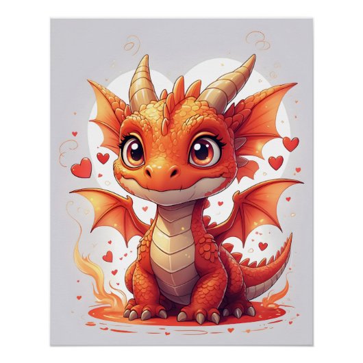 Cute Fire Baby Dragon Art ポスター (正面)
