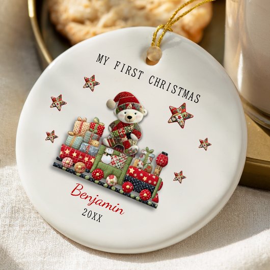 Cute first baby Christmas patchwork bear train セラミックオーナメント
