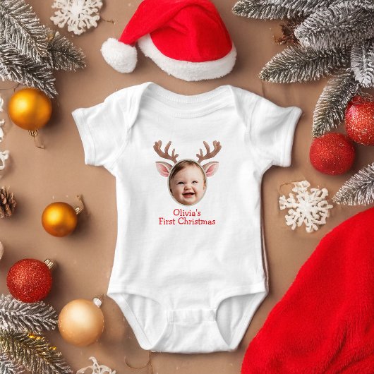 Cute First Christmas Baby Reindeer ベビーボディスーツ
