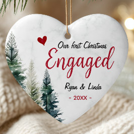 Cute first Christmas engagement red heart trees セラミックオーナメント