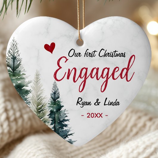 Cute first Christmas engagement red heart trees セラミックオーナメント