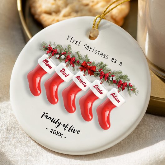 Cute first Christmas family of five red stockings セラミックオーナメント