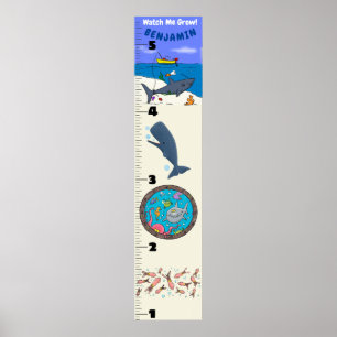 Cute fish sea creatures cartoon growth chart ポスター