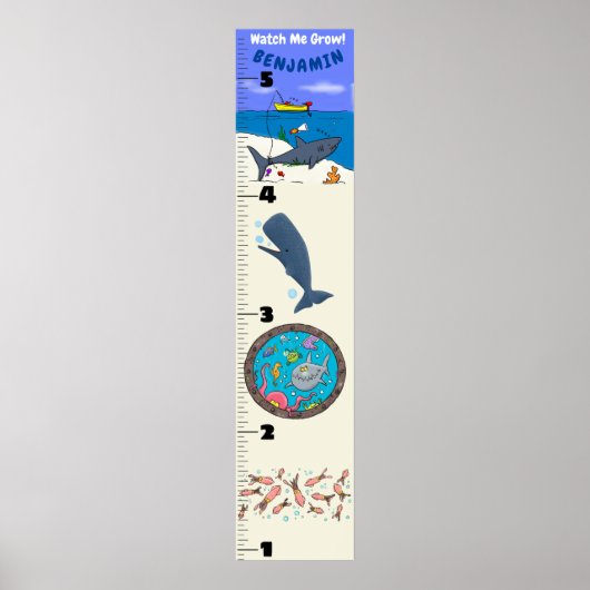 Cute fish sea creatures cartoon growth chart ポスター (正面)