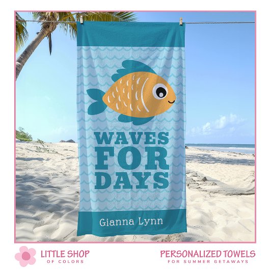 Cute Fish Waves for Days Personalized Kids ビーチタオル